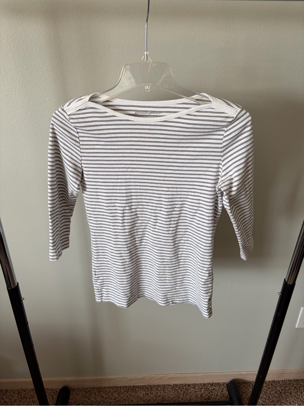 Eddie Bauer White and Light Gray Striped Long Sleeve Top 100% Cotton